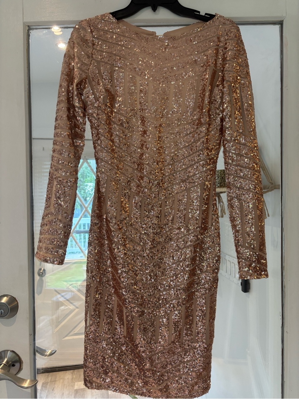 Hot Miami Styles Rose Gold Geometric Sequin Long Sleeve Open Back Mini Dress